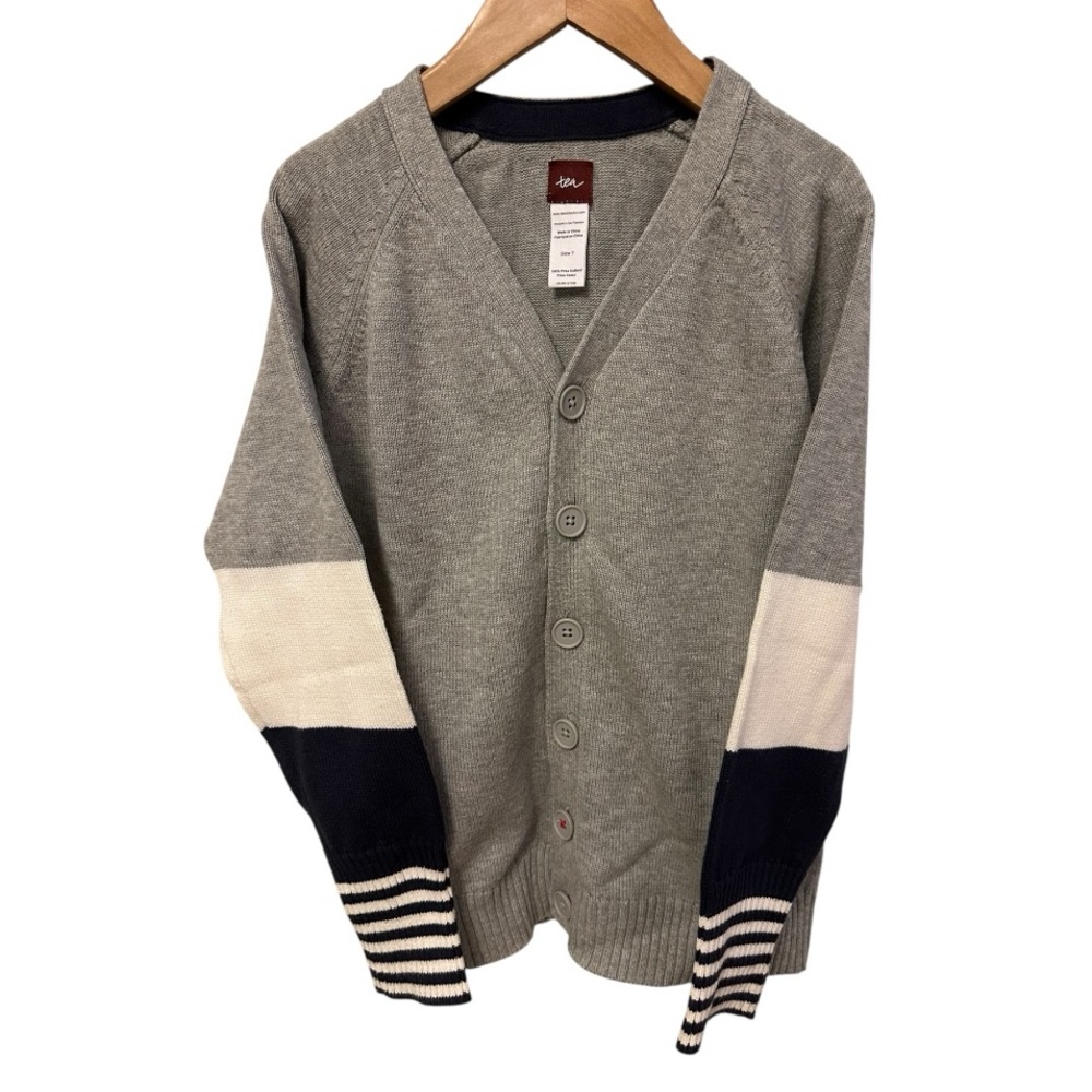 Tea Collection Gray and Navy Blue Color-Block Cardigan Size 7 US
